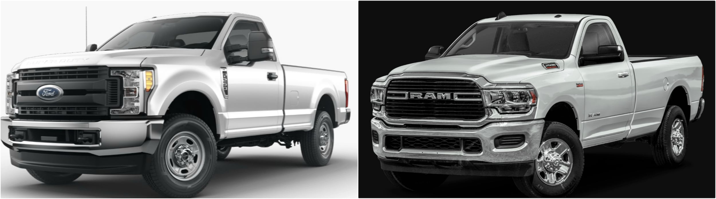 a side-by-side comparison of a 2020 Ford F-250 Super Duty vs. a Dodge RAM 2500 regular cab