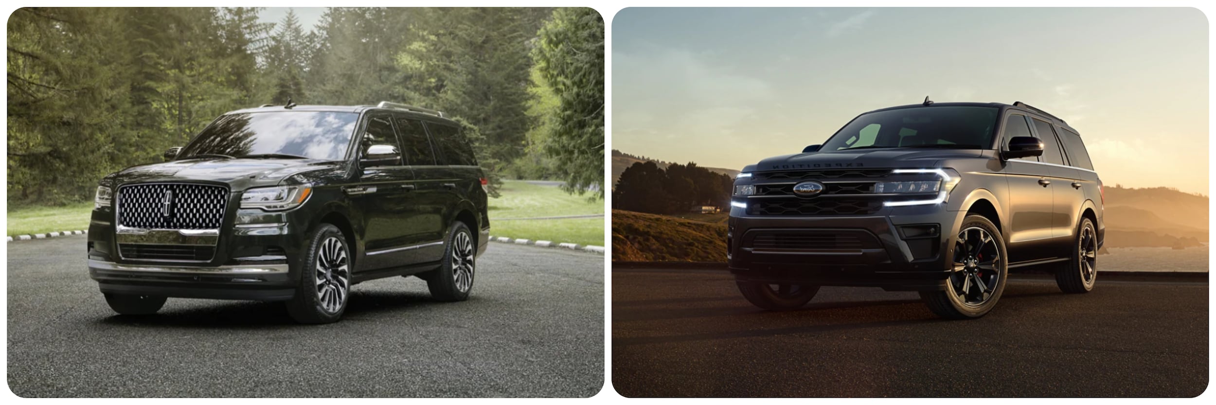 On the left, a black 2022 Lincoln Navigator sits parked at an angle facing the 
viewer in an empty parking lot in a forest preserve during the day. On the right a black Ford Expedition sits parked at an angle showing off the profile and grille next to the ocean at sunset