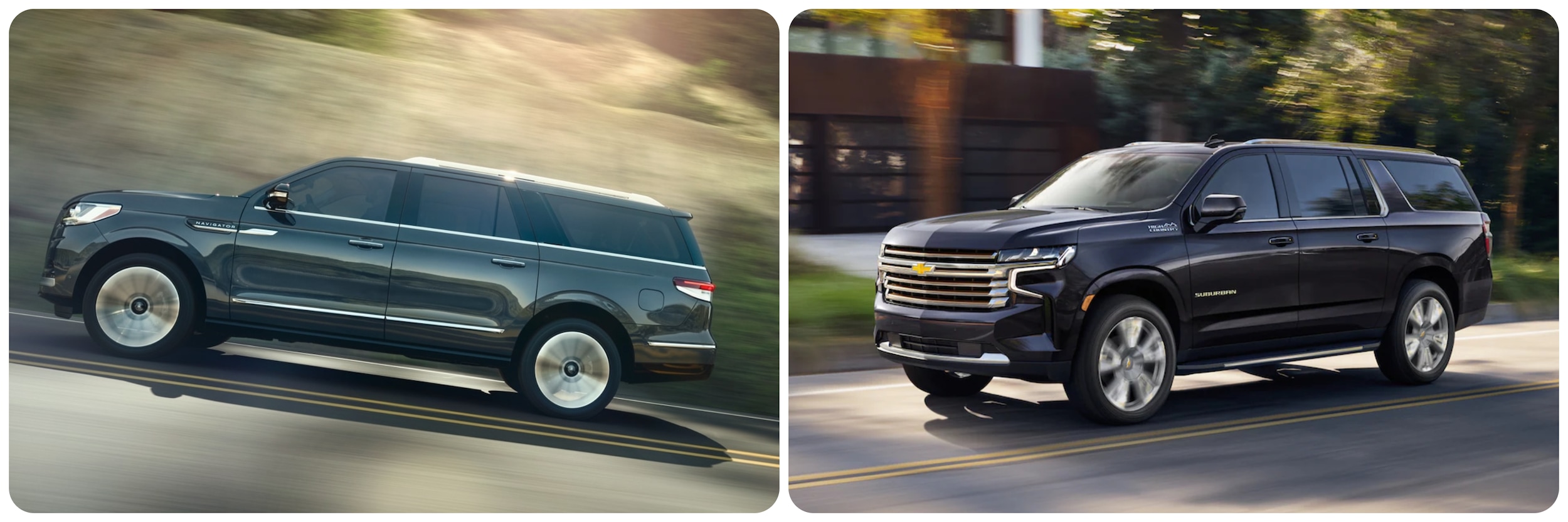 On the left, a gray 2023 Lincoln Navigator drives past the viewer, on the right a black 2023 Chevy Suburban drives on a highway