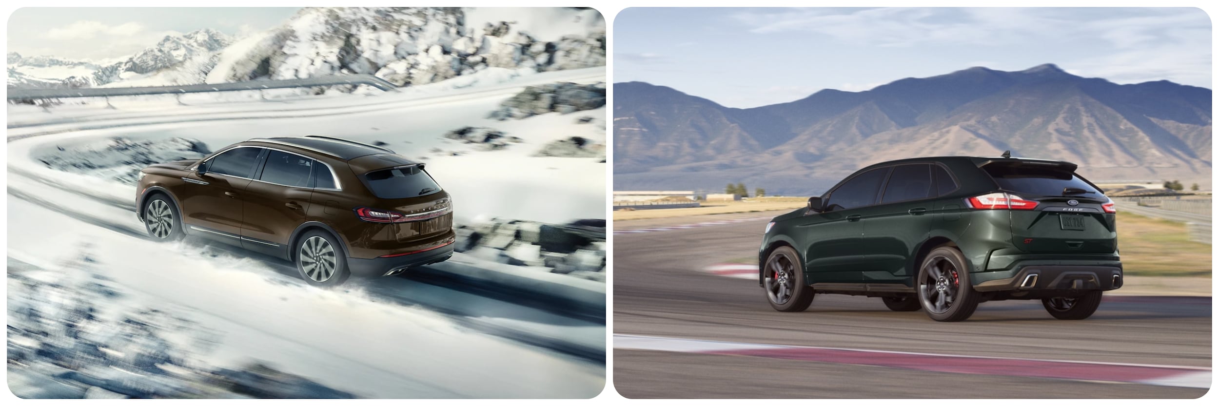 On the left, a bronze 2022 Ford Nautilus races up a snow-covered lane through mountains on a sunny day. On the right, a green 2022 Ford Edge cruises down a racetrack with mountains in the background
