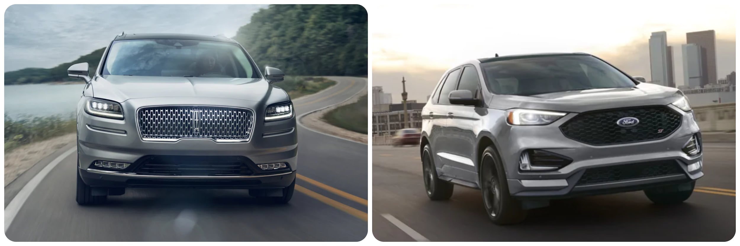 On the left a front view of the chrome grille on a silver chassis of a 2022 Lincoln Nautilus.  On the right a silver Ford Escape with black grille faces the viewer as it speeds down the road.
