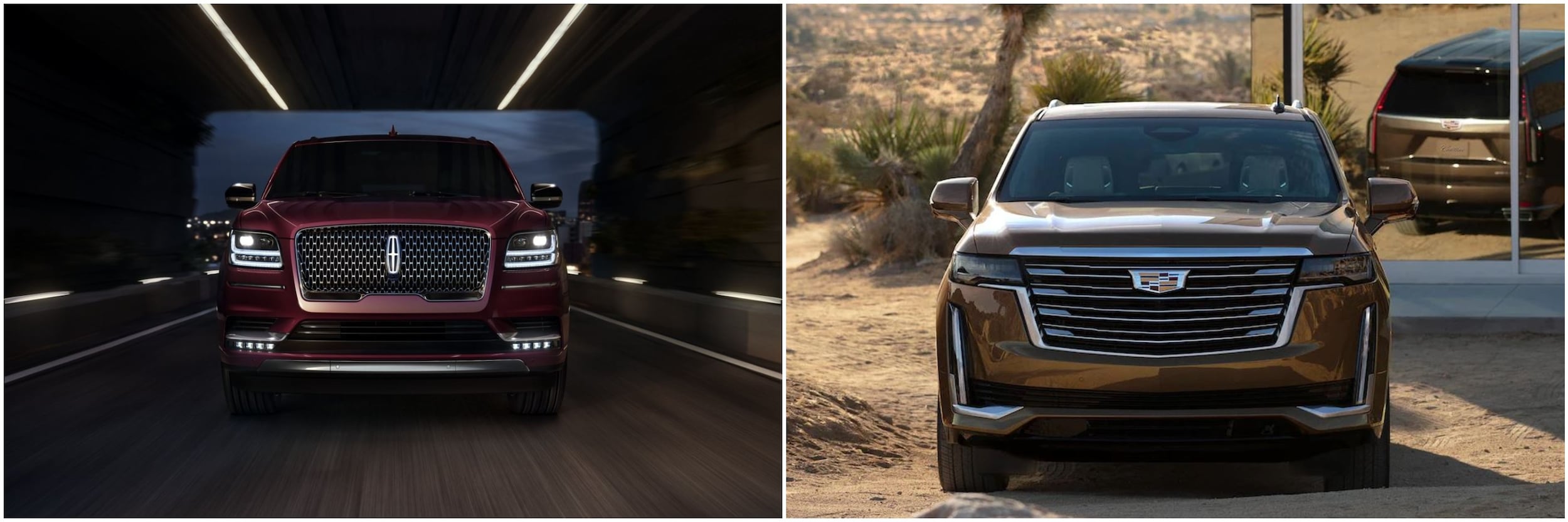 Red 2022 Lincoln Navigator driving through a tunnel and a brown Cadillac Escaladed parked in a dirt parking lot
