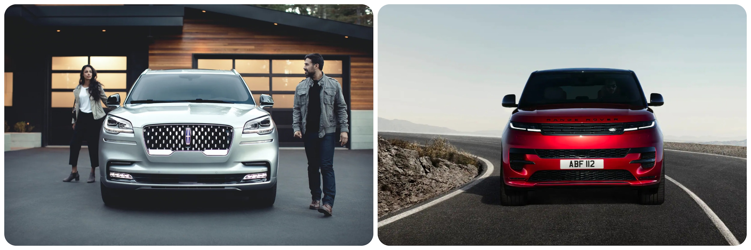 On the left a front view of a silver 2023 Lincoln Aviator, on the right a front view of a red 2023 Range Rover Sport
