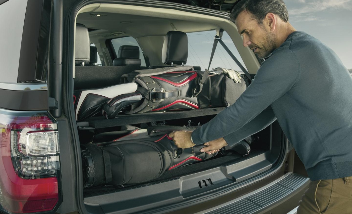 Rear cargo space area in the 2021 Ford Expedition with all three rows up seating upright