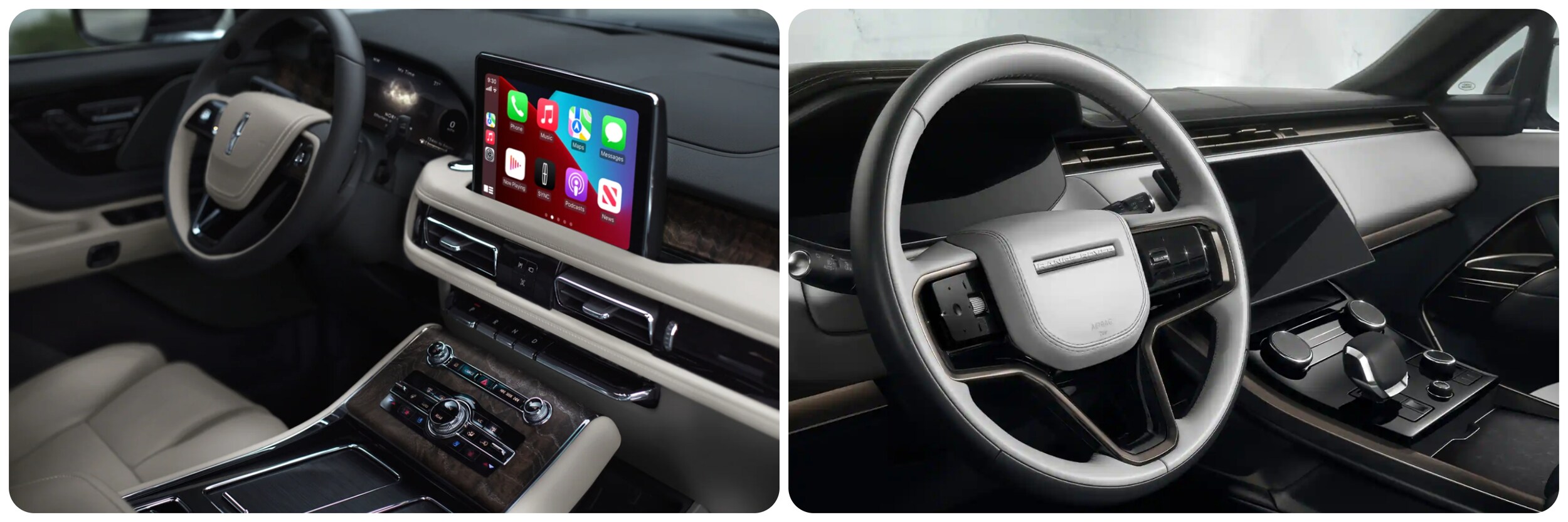 On the left a view of the dash and infotainment system of a 2023 Lincoln Aviator, on the right the dash and infotainment system of a 2023 Range Rover Sport