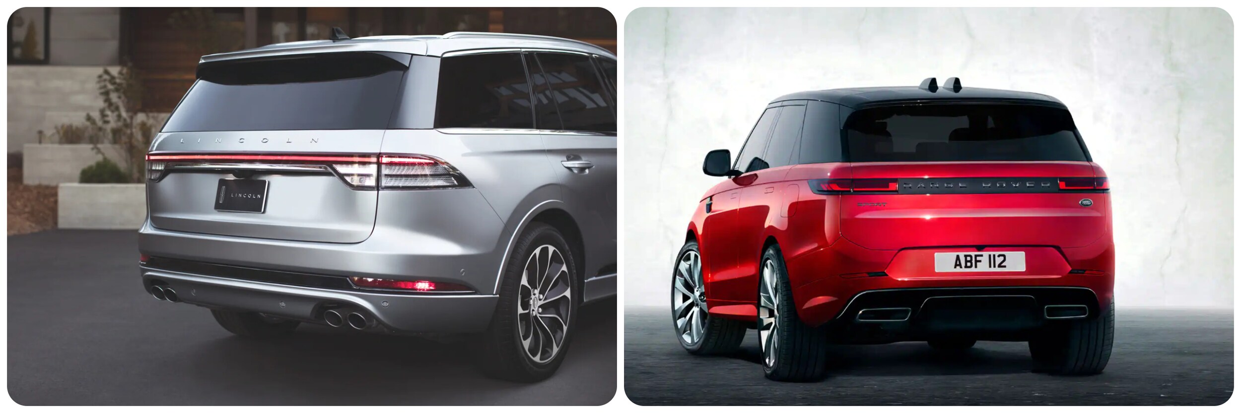On the left, a view of the rear of a silver 2023 Lincoln Aviator. On the right, a view of the rear of a red 2023 Range Rover Sport
