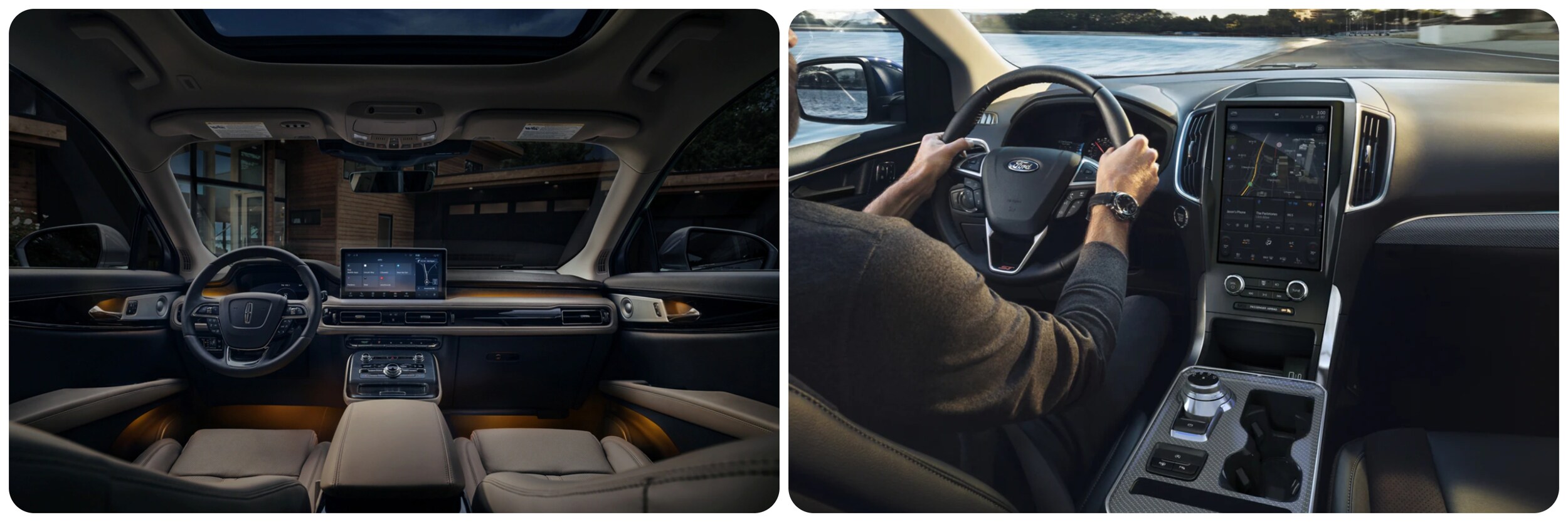 On the left a view of a tan upholstered interior with amber accents of a 2022 Lincoln Nautilus including the dashboard and infotainment screen mounted in the center of the dash. On the right a view of the center console and black dash with a portrait-oriented infotainment screen mounted in the dashboard of a 2022 Ford Edge