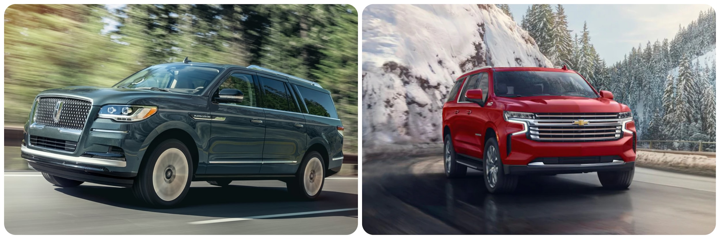 On the left, a black 2023 Lincoln Navigator drives down the road. On the right a red 2023 Chevy Suburban drives a snowy highway