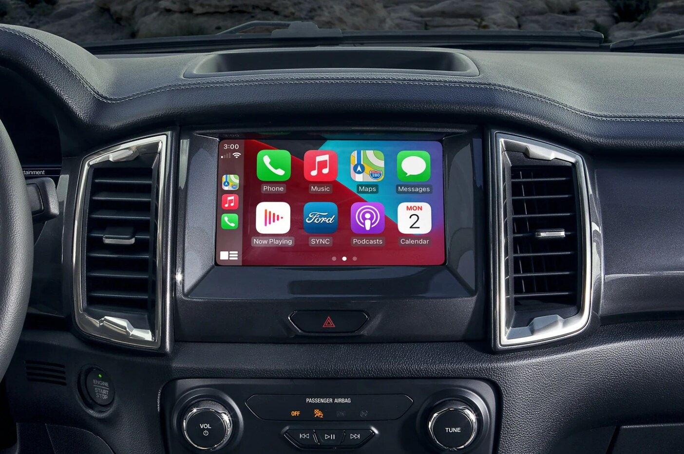 A closeup of the infotainment interface in the dash of the 2023 Ford Ranger
