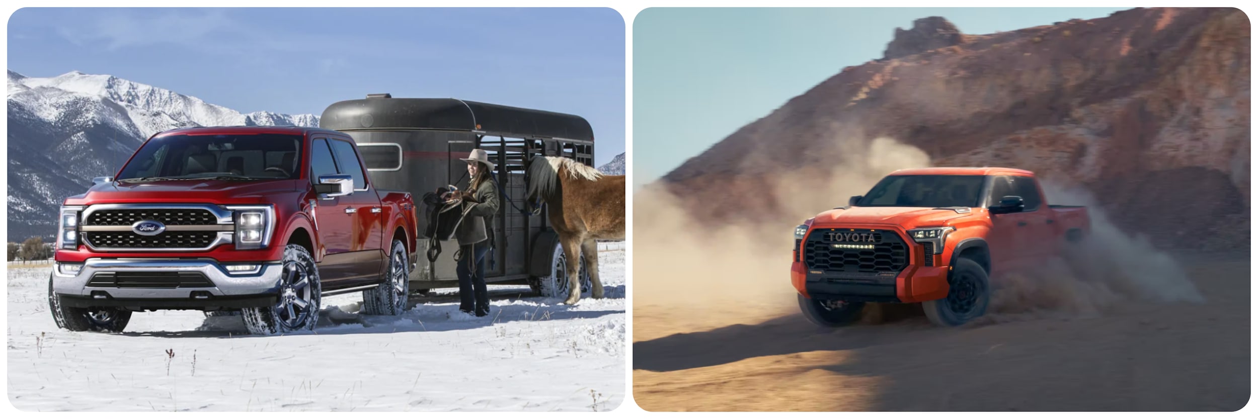 On the left, a red 2023 Ford F-150 hauling a horse trailer sits parked and on the right an orange 2023 Toyota Tacoma spins dirt 