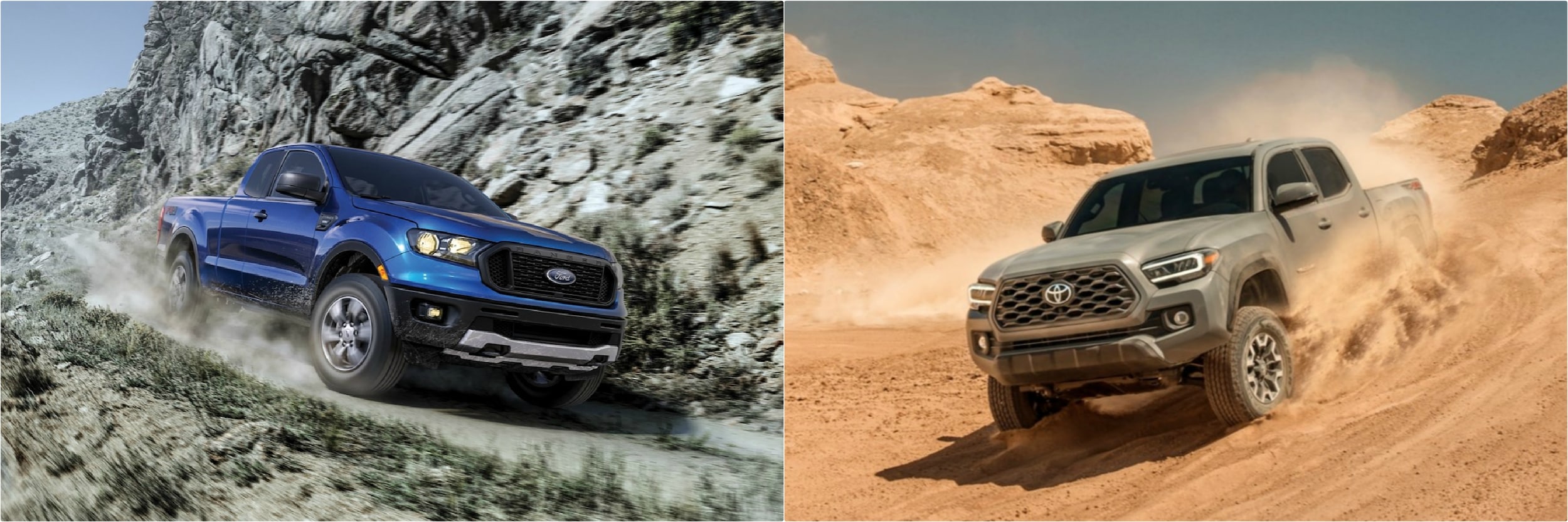 A new Ford Ranger next to a new Toyota Tacoma