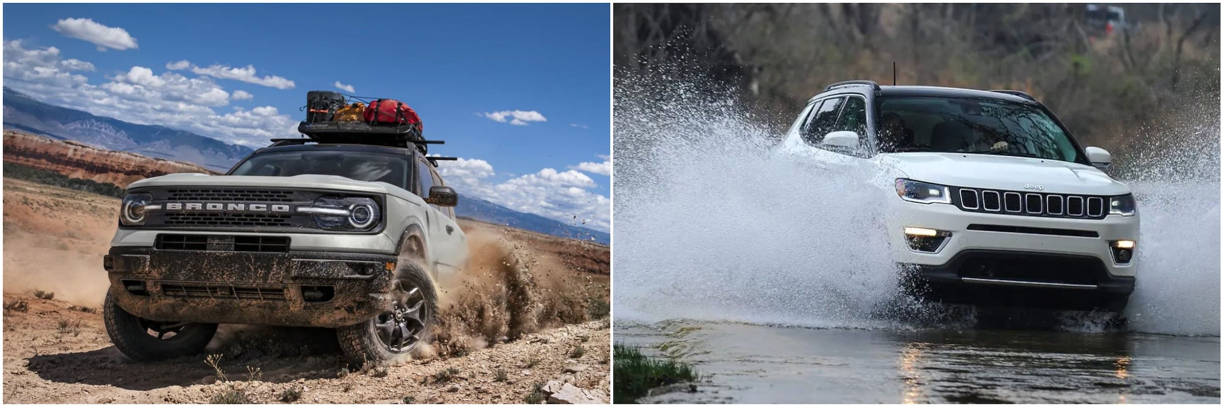 Grey Ford Bronco Sport driving off road and kicking up dirt, compared to a white Jeep Compass driving through a river