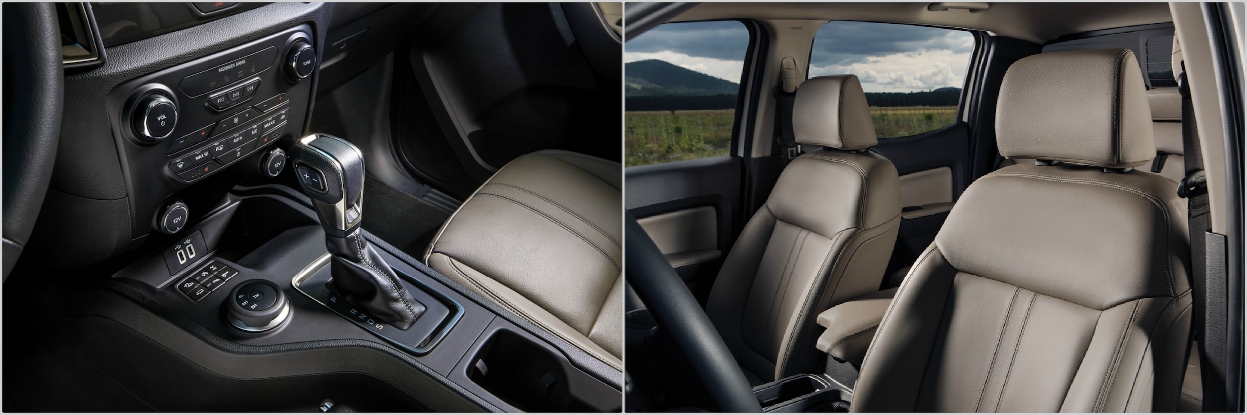 the interior seating and dashboard of a 2020 and a 2021 Ford Ranger