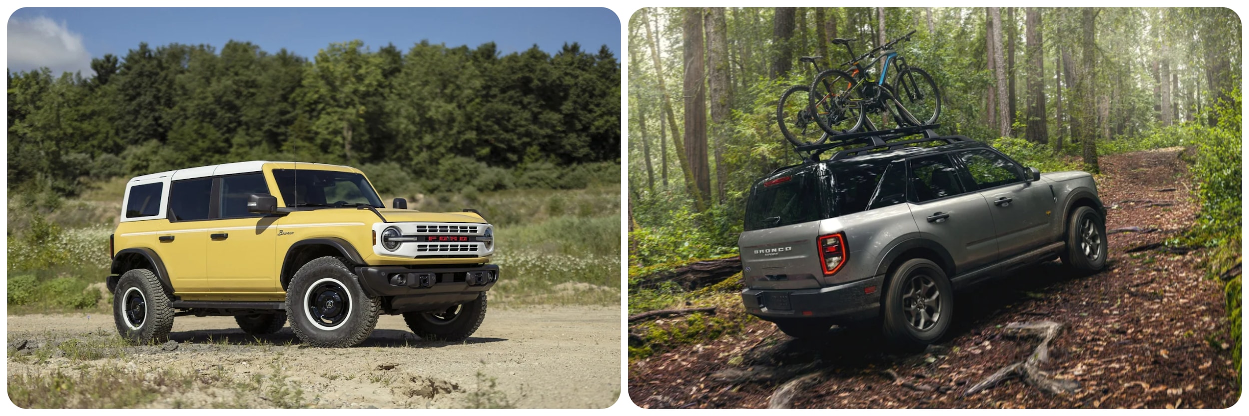 On the left a 2023 Ford Bronco with yellow chassis and white roof sits parked on a gravel road. On the right a 2023 Ford Bronco Sport takes on a forest road with mountain bikes mounted to the roof