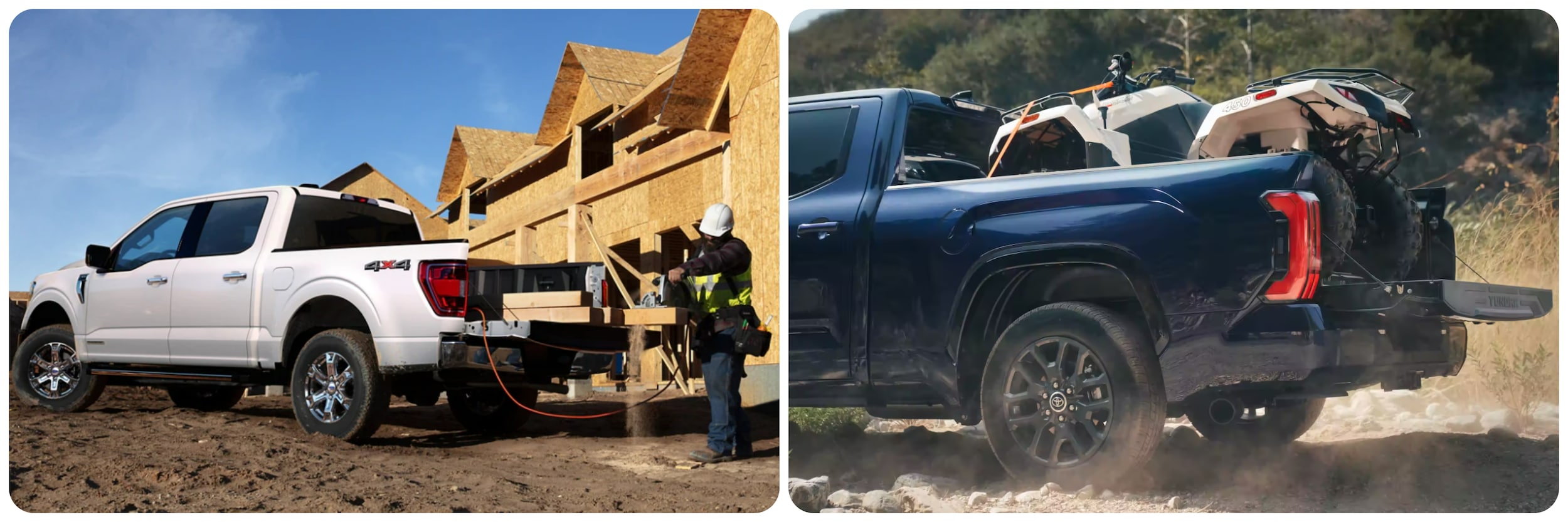 On the left a white Ford F-150 truck bed serves as a work station at a construction site. On the right, a blue 2023 Toyota Tacoma hauls some four-wheelers to the countryside.
