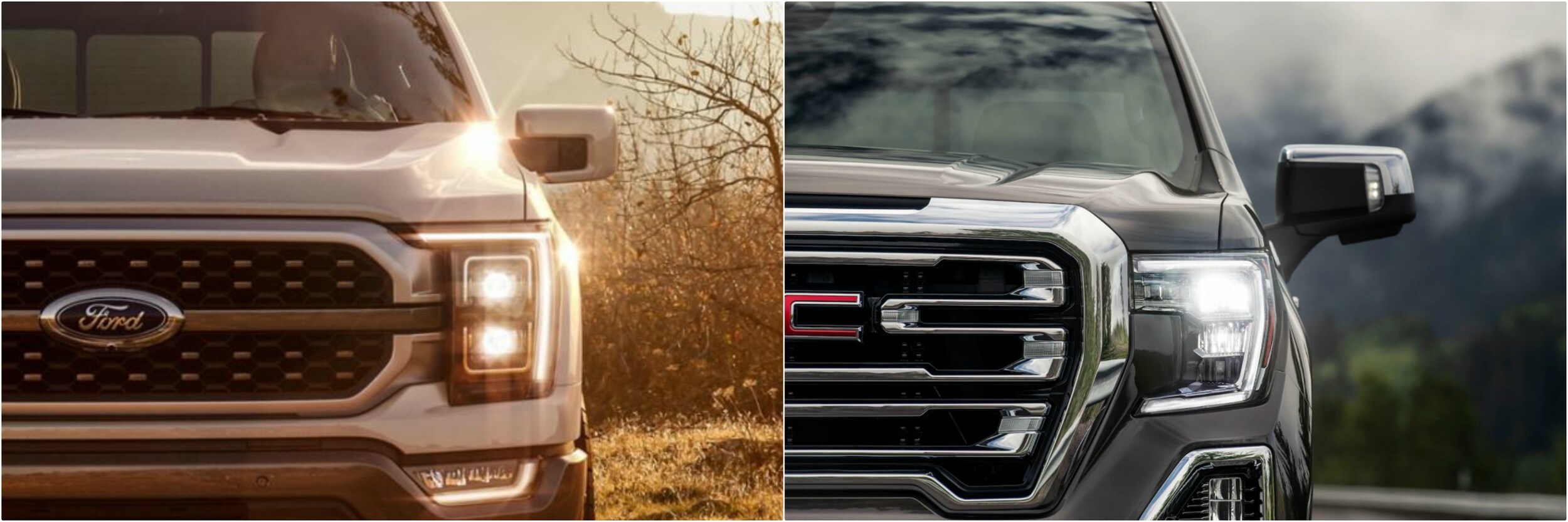 Close up front view of a new F-150 vs. GMC Sierra 1500