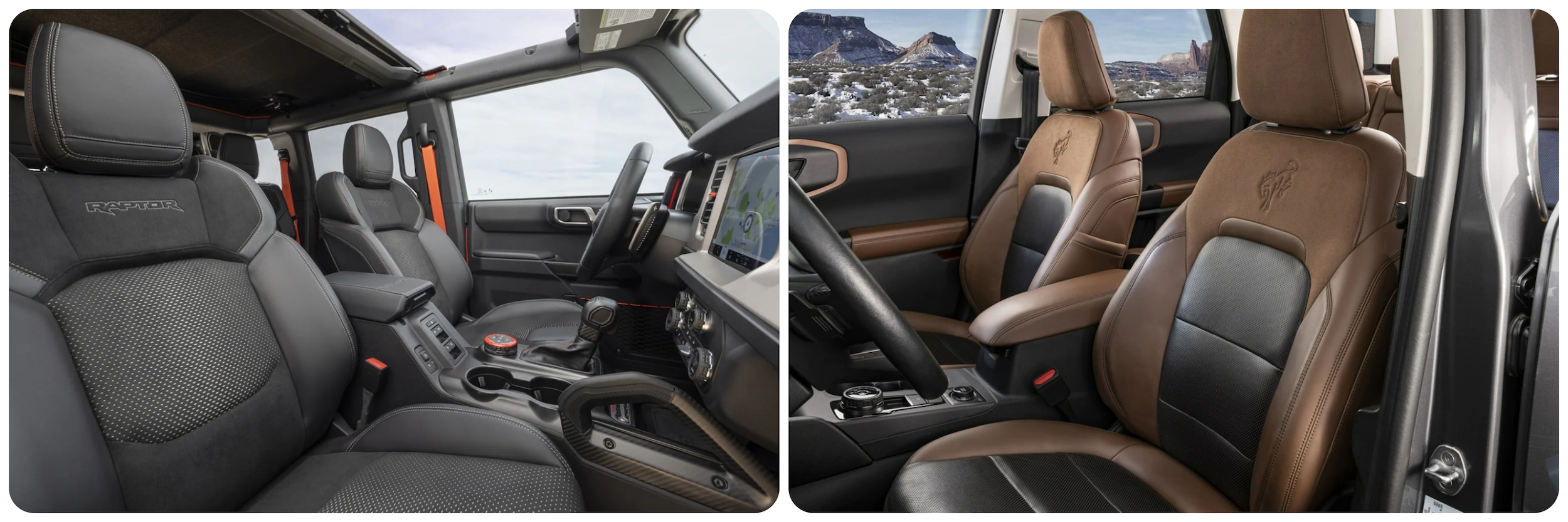 On the right a view of the interior seating of a 2023 Ford Bronco. On the right a view of the interior and seating of a 2023 Ford Bronco Sport.