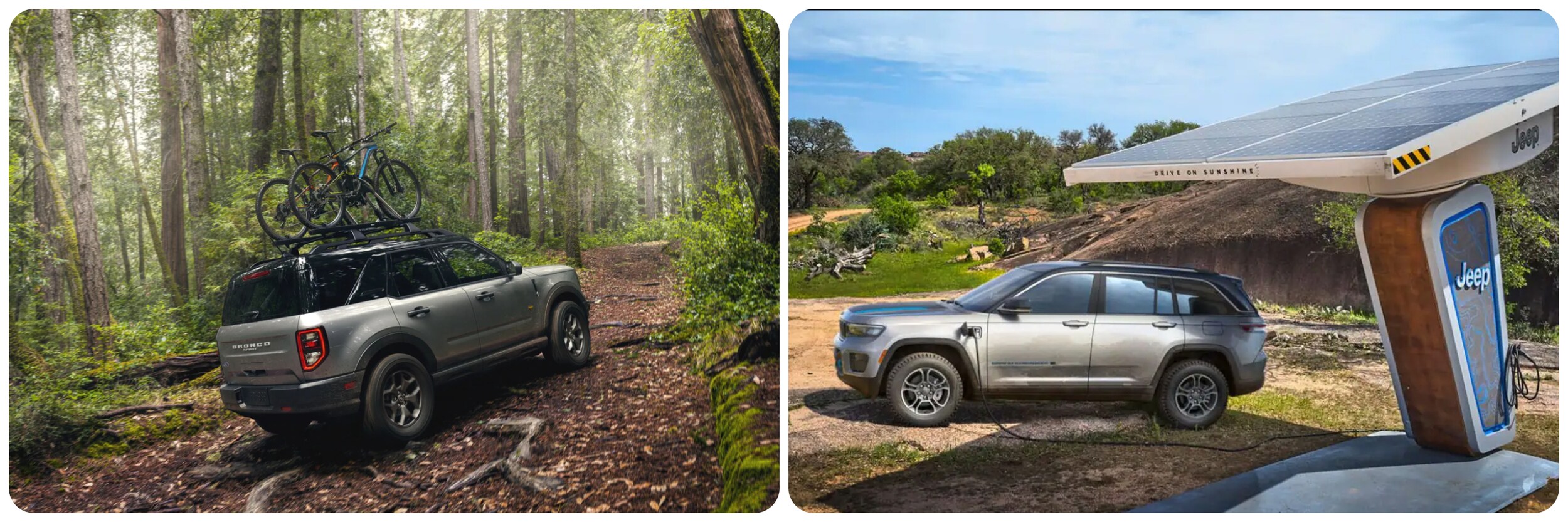 On the left is a silver Ford Bronco driving away from the camera with two bicycles on its roof down a dirt path in the woods.  On the right a 2022 Silver Jeep Grand Cherokee sits parked and plugged into a solar charging Jeep-branded charging station