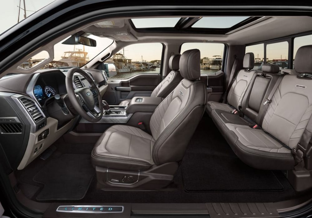 2020 Ford F-150 interior entire front-rear cabin view from driver side entrance