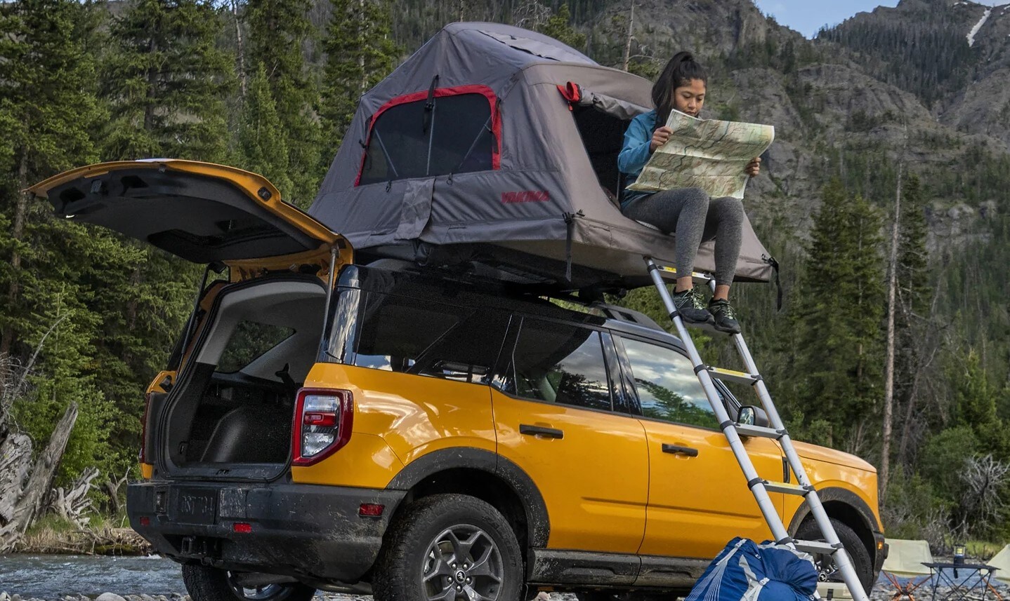 2021 Ford Bronco setup with a tent on the top rack
