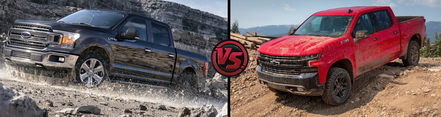 Head to head view of a 2019 Ford F-150 compared to the 2019 Chevy Silverado