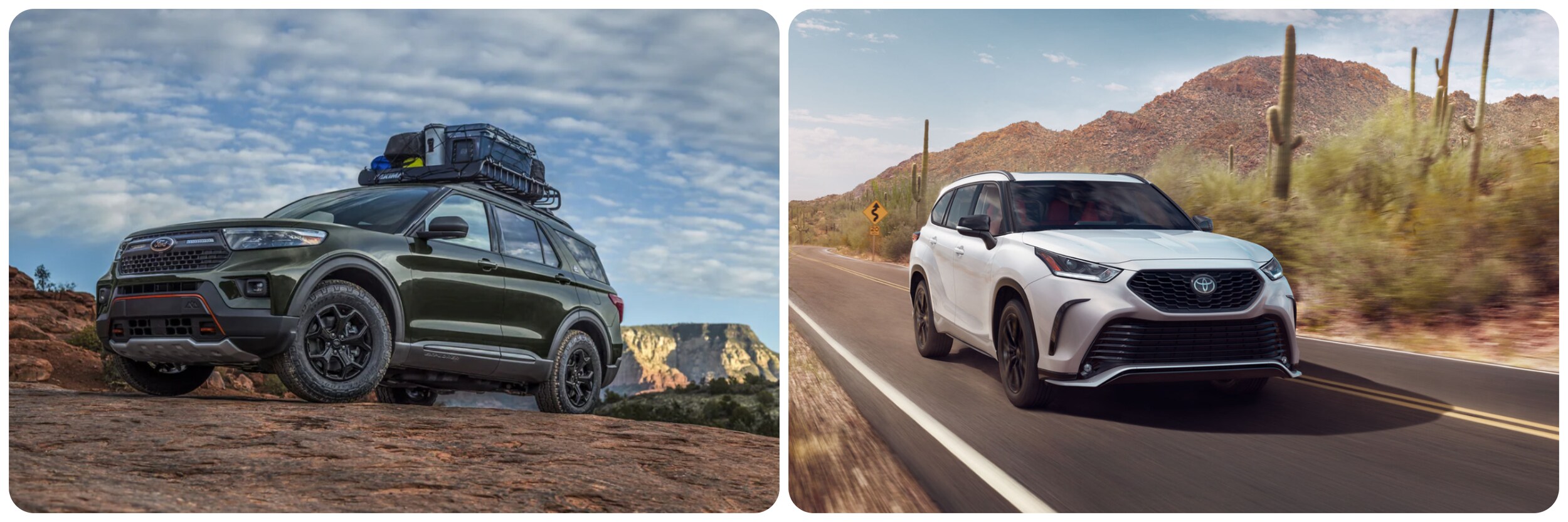 A forest green 2023 Ford Explorer is shown on the left with mountain bikes attached to the roof and on the right, a white 2023 Toyota Highlander sits parked