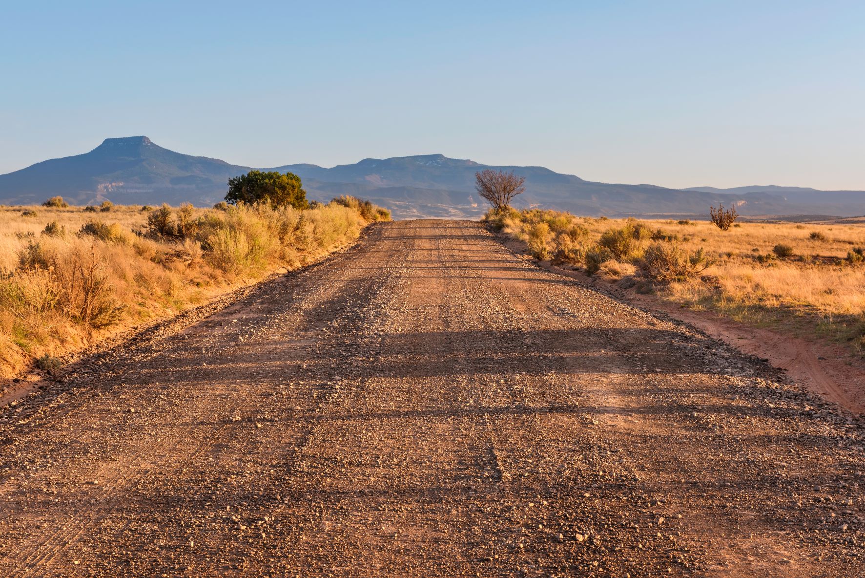 A desert road in New Mexico with buttes in the distance.