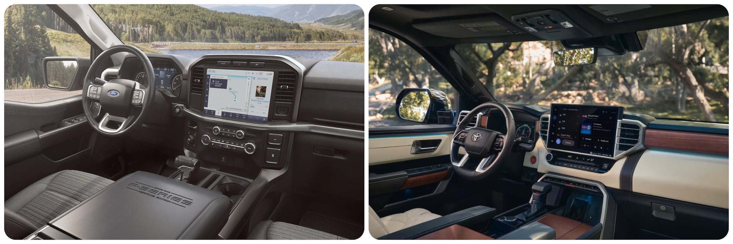 A view of the infotainment and dash of a 2023 Ford F-150 on the left, and the 2023 Toyota Tacoma on the right.