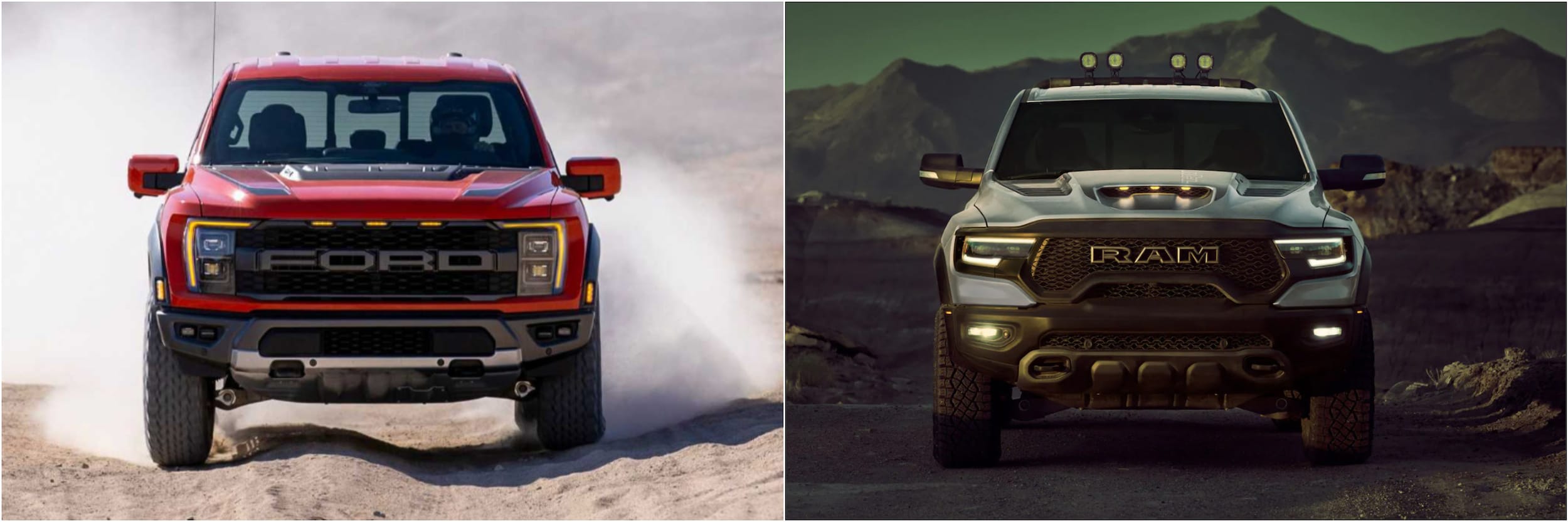 New 2021 Ford F-150 Raptor VS 2021 Ram 1500 TRX front.