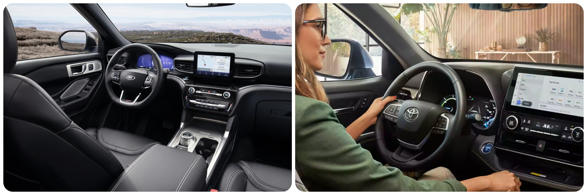 A view of the dash and infotainment system of a 2023 Ford Explorer on the left and the same view of the 2023 Toyota Highlander on the right