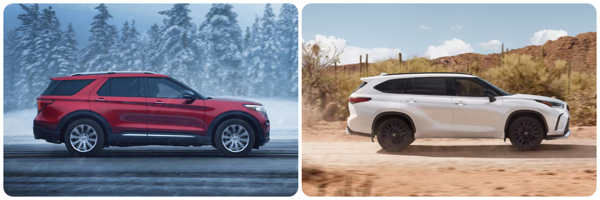 On the left, a red 2023 Ford Explorer drives in profile view down a snowy highway, on the right a white 2023 Toyota Highlander drives on a desert road