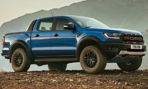 2020 Ford Ranger Raptor blue passenger side exterior dirt mound