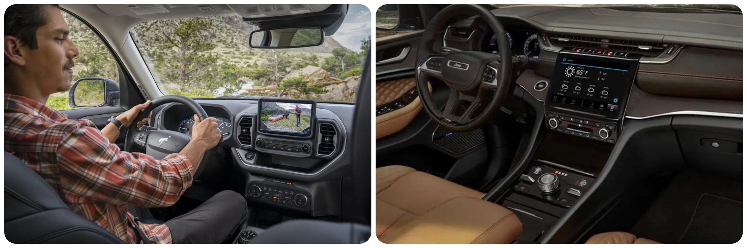 On the left a man in a plaid shirt sits in the drivers seat of a gray interior of a 2022 Ford Bronco as he looks at the view from the rear camera on the large infotainment screen in the middle of the dash as he backs up in a mountain landscape.  On the right is a view of a two-toned brown interior of a 2022 Jeep Grand Cherokee with an infotainment system mounted in the middle of the dash