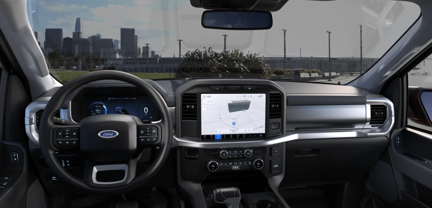 The full F150 lightning dash is shown with a brushed silver edge, touchscreen navigation and radio in the middle and a digital dashboard behind the Ford steering wheel with convenience buttons.