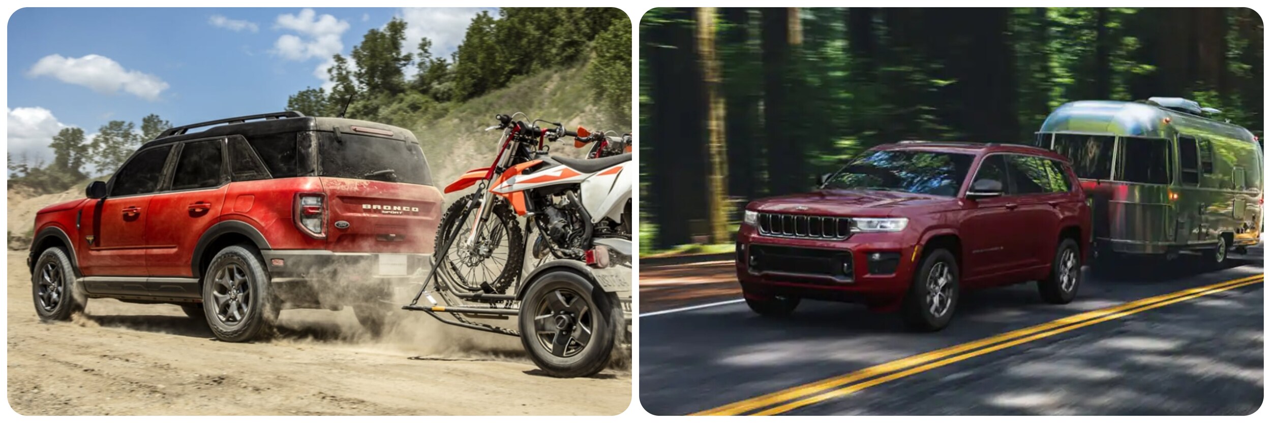 On the right a red 2022 Ford Bronco hauling dirt bikes is driving past, kicking up dirt.  On the right a red 2022 Jeep Grand Cherokee is cruising down a wooded highway hauling a silver airstream.
