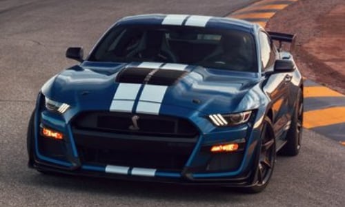 2020 Ford Mustang Shelby GT 500 blue white stripes front exterior race track