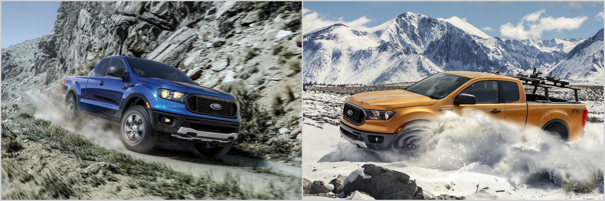 a blue 2021 Ford Ranger driving down a rocky mountain road side-by-side a 2020 Ford Ranger driving up a snow covered desert road