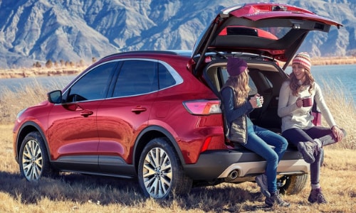 2020 Ford Escape red 2 women drinking coffee mountains background