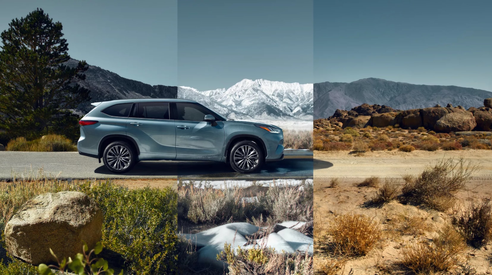 A sky blue 2022 Toyota Highlander Hybrid drives down a mountain road and the background and foreground are split into three different seasons: Spring, Winter, and Summer