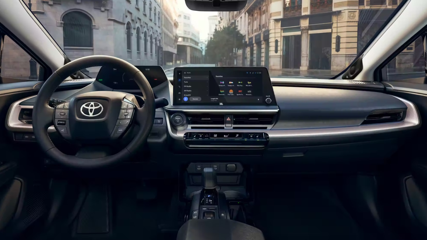 A view of the dash and infotainment system of a 2023 Toyota Prius
