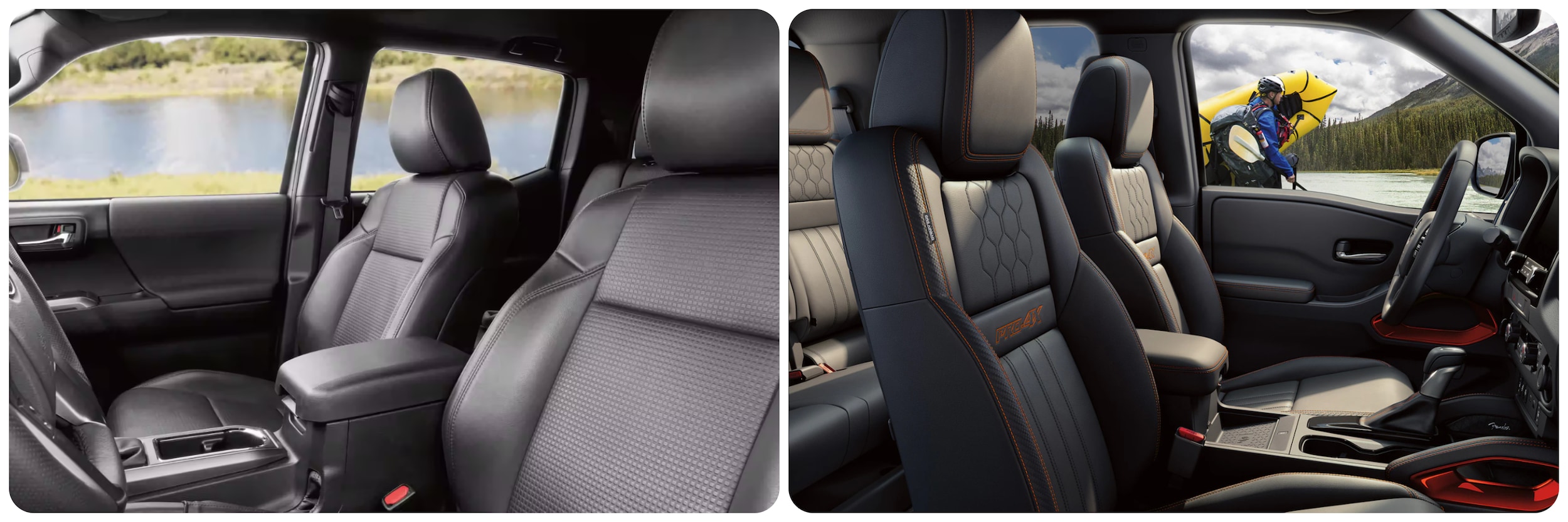 A view of the seating in a 2023 Toyota Tacoma on the left and the Nissan Frontier on the right.