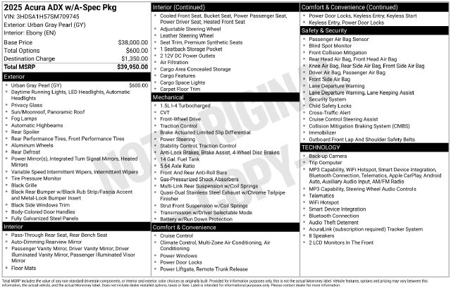 Certified 2025 Acura ADX A-Spec Package SUV