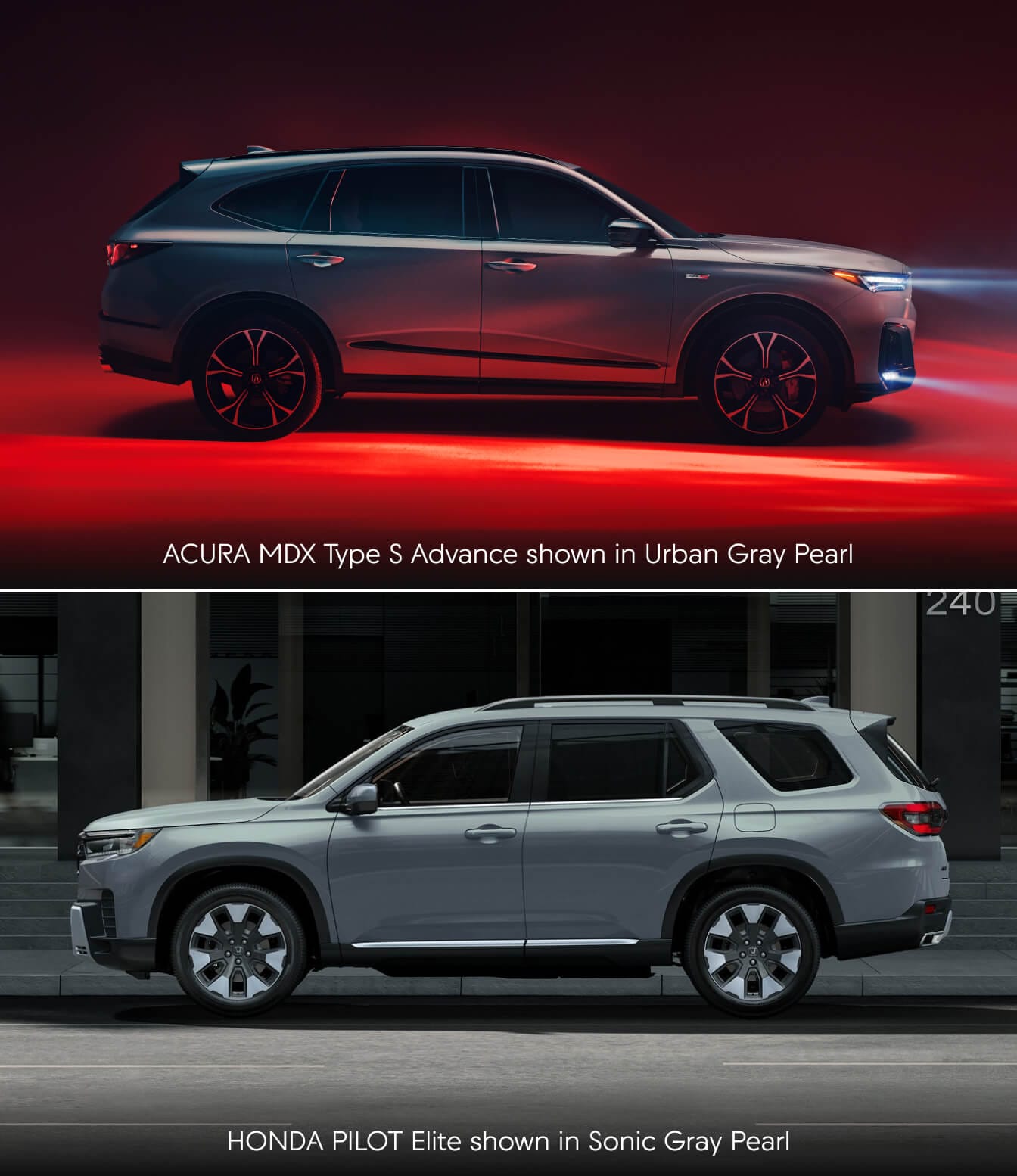 Acura MDX Type S Advance in Urban Gray Pearl and Honda Pilot Elite in Sonic Gray Pearl