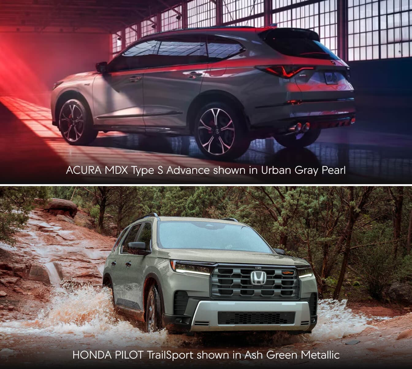 Acura MDX Type S Advance in Urban Gray Pearl vs. Honda Pilot TrailSport in Ash Green Metallic