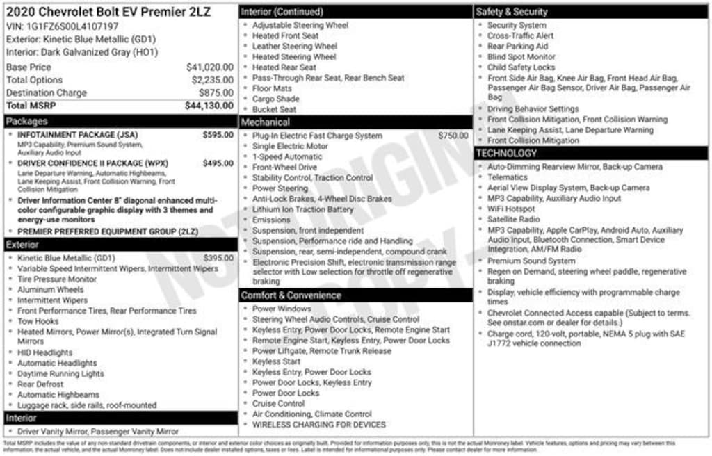 Used 2020 Chevrolet Bolt EV Premier Car