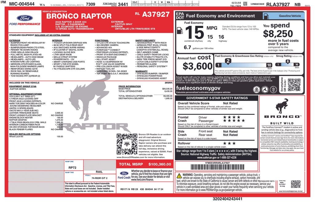 Certified 2024 Ford Bronco Raptor SUV