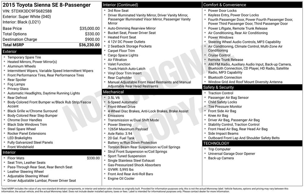 Used 2015 Toyota Sienna SE 8 Passenger Van