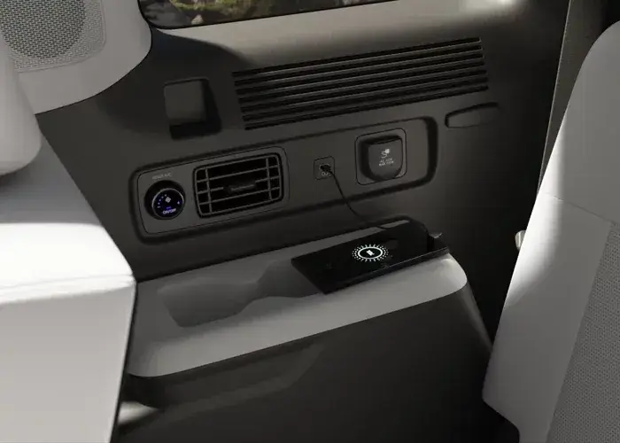 Hyundai Santa Fe Hybrid third row showing USB-C ports, climate controller and 120-volt power outlet