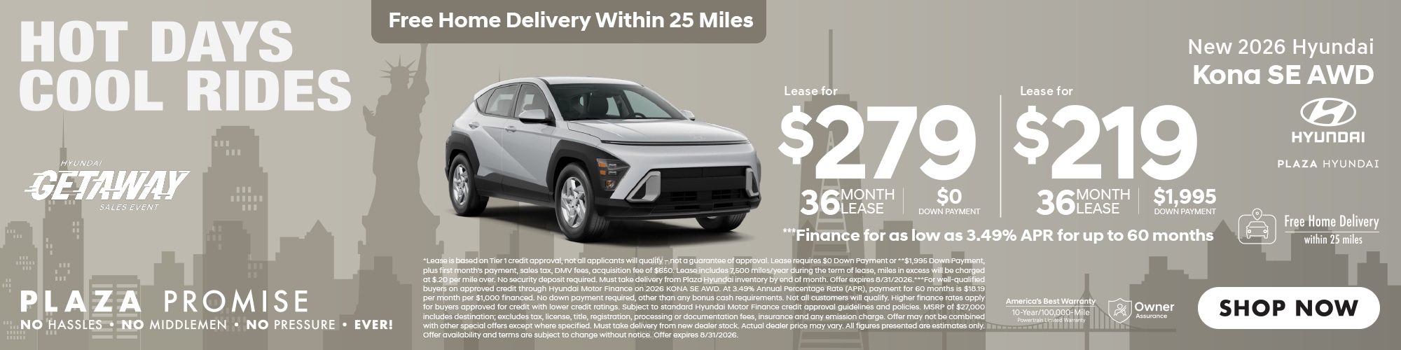 New 2026 Hyundai Kona SE now only $279 lease for 36 months