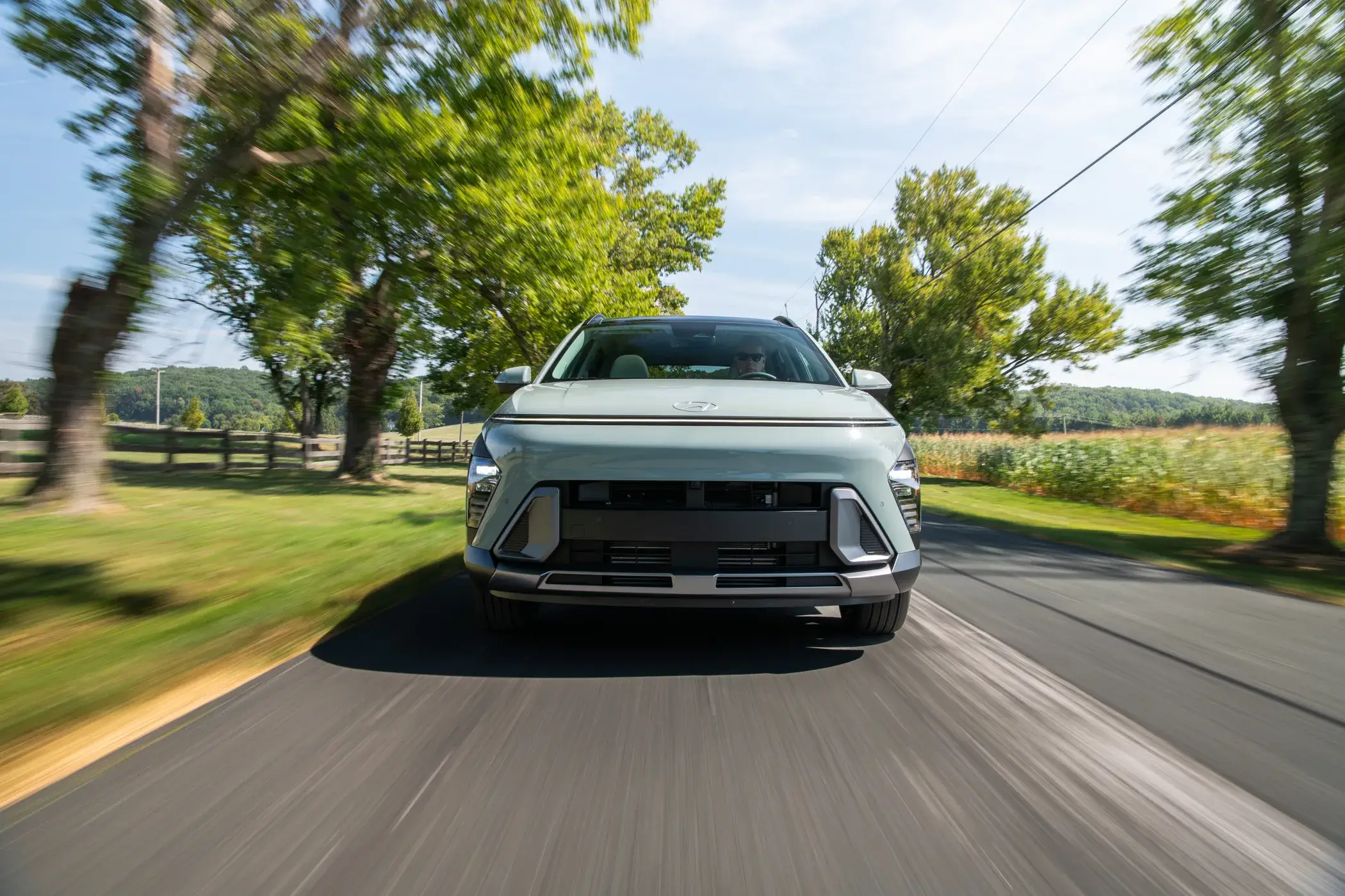 Front view of a Hyundai Kona showing the split headlight layout and lower grille